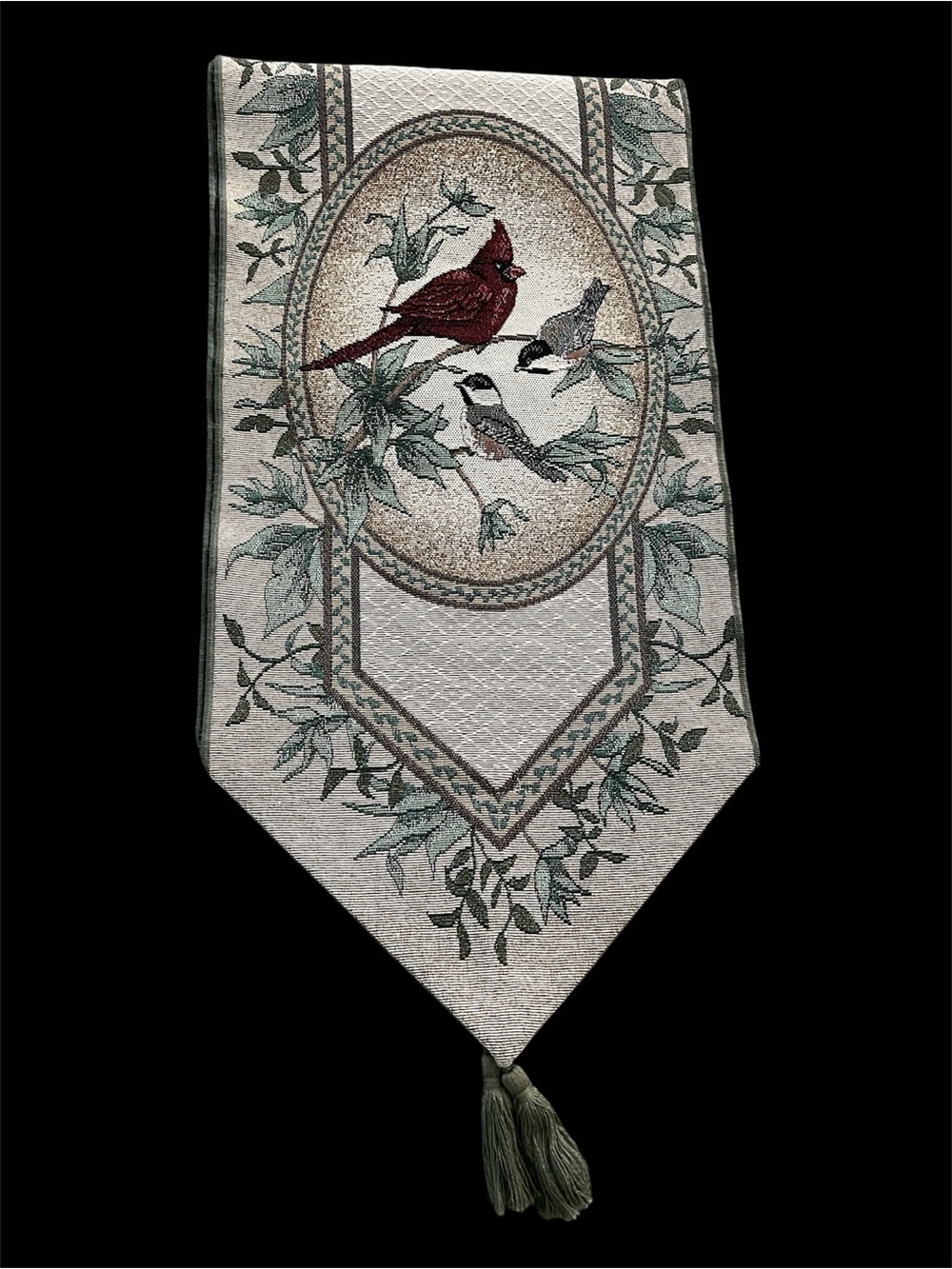 Red Cardinal and Chickadee Tapestry Table Runner 13” x 72”